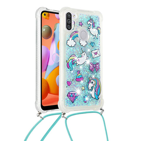 Custodia Silicone Cover Morbida Bling-Bling con Cinghia Cordino Mano S02 per Samsung Galaxy A11 Cielo Blu