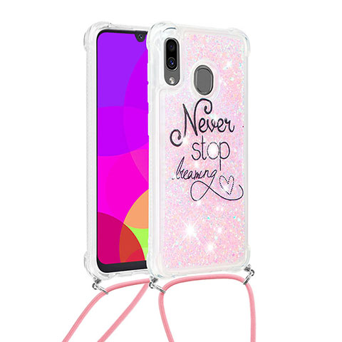 Custodia Silicone Cover Morbida Bling-Bling con Cinghia Cordino Mano S02 per Samsung Galaxy A20 Multicolore