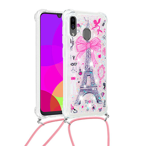 Custodia Silicone Cover Morbida Bling-Bling con Cinghia Cordino Mano S02 per Samsung Galaxy A20 Rosa