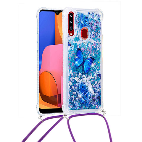 Custodia Silicone Cover Morbida Bling-Bling con Cinghia Cordino Mano S02 per Samsung Galaxy A20s Blu