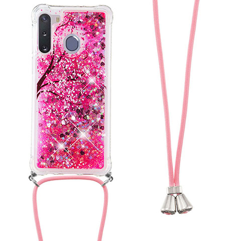 Custodia Silicone Cover Morbida Bling-Bling con Cinghia Cordino Mano S02 per Samsung Galaxy A21 European Rosa Caldo