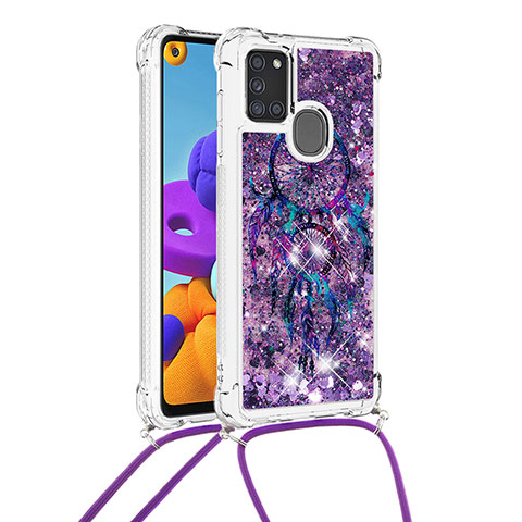 Custodia Silicone Cover Morbida Bling-Bling con Cinghia Cordino Mano S02 per Samsung Galaxy A21s Viola