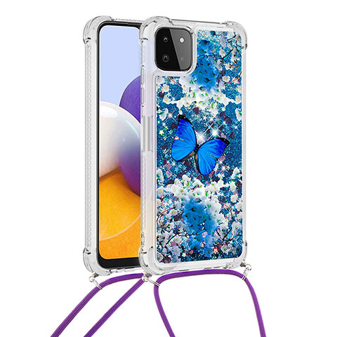 Custodia Silicone Cover Morbida Bling-Bling con Cinghia Cordino Mano S02 per Samsung Galaxy A22 5G Blu