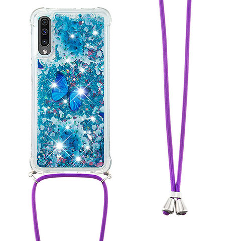 Custodia Silicone Cover Morbida Bling-Bling con Cinghia Cordino Mano S02 per Samsung Galaxy A30S Blu