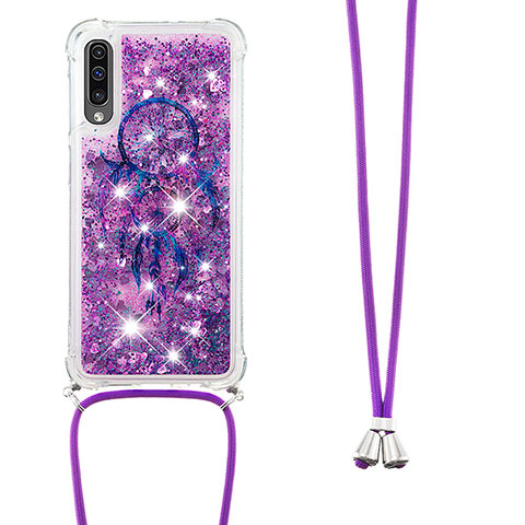 Custodia Silicone Cover Morbida Bling-Bling con Cinghia Cordino Mano S02 per Samsung Galaxy A30S Viola