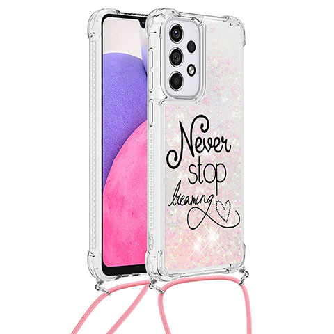 Custodia Silicone Cover Morbida Bling-Bling con Cinghia Cordino Mano S02 per Samsung Galaxy A33 5G Rosa