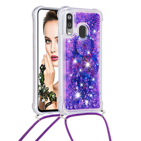 Custodia Silicone Cover Morbida Bling-Bling con Cinghia Cordino Mano S02 per Samsung Galaxy A40 Viola