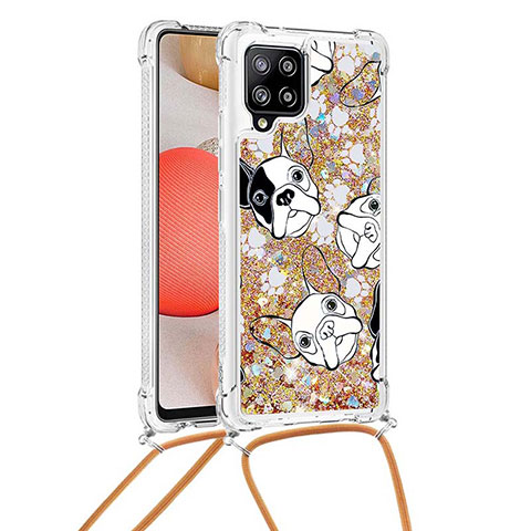 Custodia Silicone Cover Morbida Bling-Bling con Cinghia Cordino Mano S02 per Samsung Galaxy A42 5G Oro