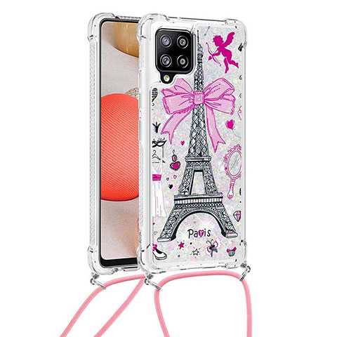 Custodia Silicone Cover Morbida Bling-Bling con Cinghia Cordino Mano S02 per Samsung Galaxy A42 5G Rosa