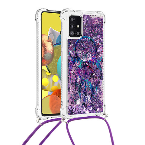 Custodia Silicone Cover Morbida Bling-Bling con Cinghia Cordino Mano S02 per Samsung Galaxy A51 4G Viola