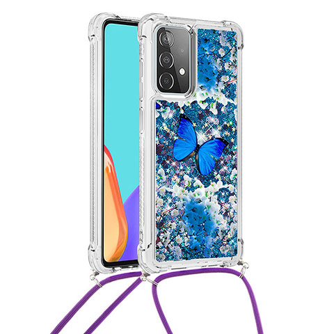 Custodia Silicone Cover Morbida Bling-Bling con Cinghia Cordino Mano S02 per Samsung Galaxy A52 5G Blu