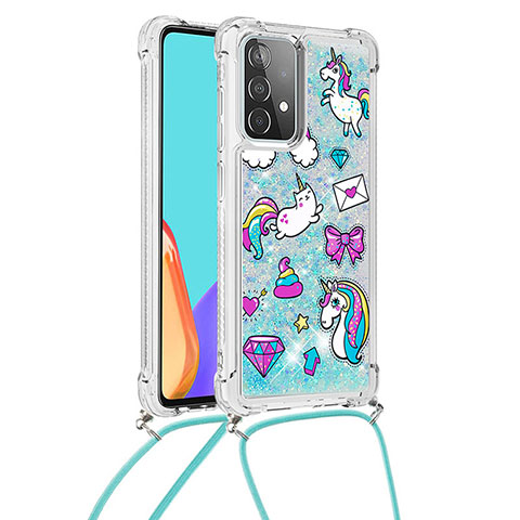 Custodia Silicone Cover Morbida Bling-Bling con Cinghia Cordino Mano S02 per Samsung Galaxy A52s 5G Cielo Blu