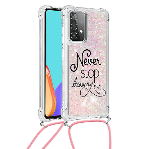 Custodia Silicone Cover Morbida Bling-Bling con Cinghia Cordino Mano S02 per Samsung Galaxy A52s 5G Rosa