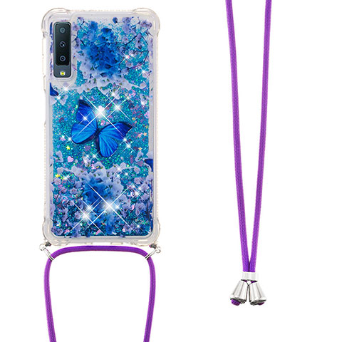 Custodia Silicone Cover Morbida Bling-Bling con Cinghia Cordino Mano S02 per Samsung Galaxy A7 (2018) A750 Blu