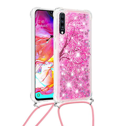 Custodia Silicone Cover Morbida Bling-Bling con Cinghia Cordino Mano S02 per Samsung Galaxy A70 Rosa Caldo