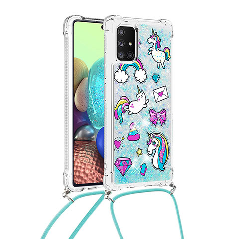 Custodia Silicone Cover Morbida Bling-Bling con Cinghia Cordino Mano S02 per Samsung Galaxy A71 5G Cielo Blu