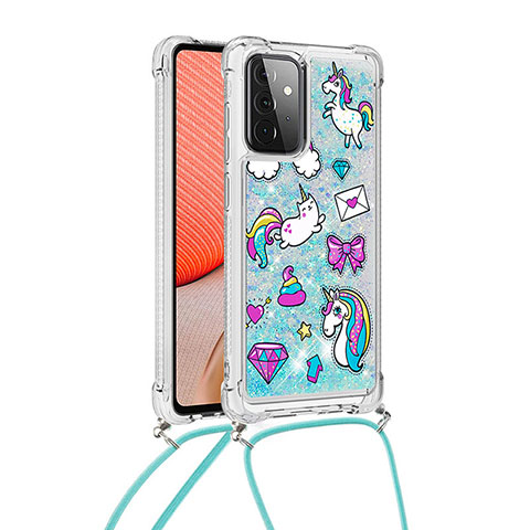 Custodia Silicone Cover Morbida Bling-Bling con Cinghia Cordino Mano S02 per Samsung Galaxy A72 4G Cielo Blu