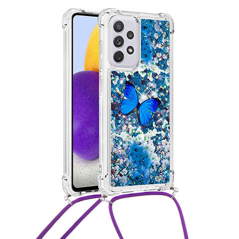 Custodia Silicone Cover Morbida Bling-Bling con Cinghia Cordino Mano S02 per Samsung Galaxy A73 5G Blu