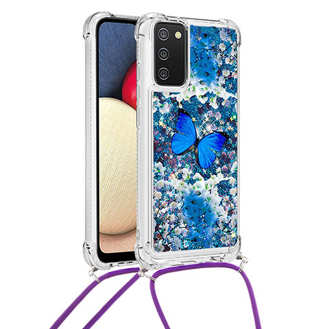 Custodia Silicone Cover Morbida Bling-Bling con Cinghia Cordino Mano S02 per Samsung Galaxy F02S SM-E025F Blu