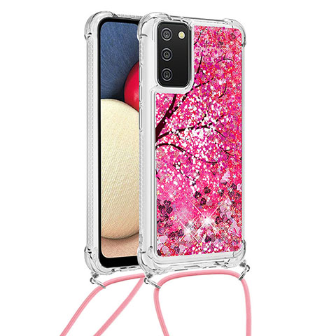 Custodia Silicone Cover Morbida Bling-Bling con Cinghia Cordino Mano S02 per Samsung Galaxy F02S SM-E025F Rosa Caldo