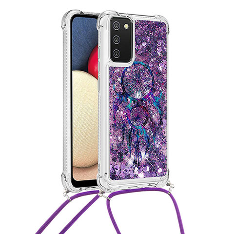 Custodia Silicone Cover Morbida Bling-Bling con Cinghia Cordino Mano S02 per Samsung Galaxy F02S SM-E025F Viola