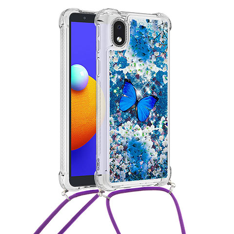 Custodia Silicone Cover Morbida Bling-Bling con Cinghia Cordino Mano S02 per Samsung Galaxy M01 Core Blu