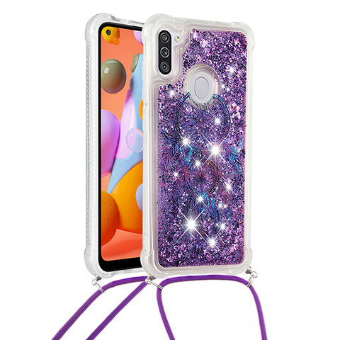 Custodia Silicone Cover Morbida Bling-Bling con Cinghia Cordino Mano S02 per Samsung Galaxy M11 Viola