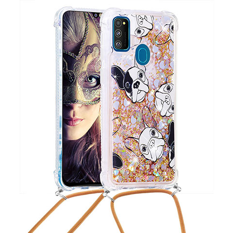 Custodia Silicone Cover Morbida Bling-Bling con Cinghia Cordino Mano S02 per Samsung Galaxy M21 Oro