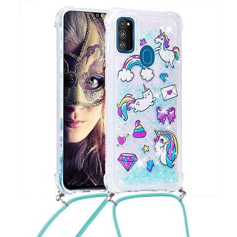 Custodia Silicone Cover Morbida Bling-Bling con Cinghia Cordino Mano S02 per Samsung Galaxy M30s Cielo Blu