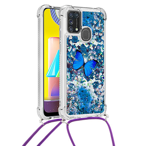 Custodia Silicone Cover Morbida Bling-Bling con Cinghia Cordino Mano S02 per Samsung Galaxy M31 Blu