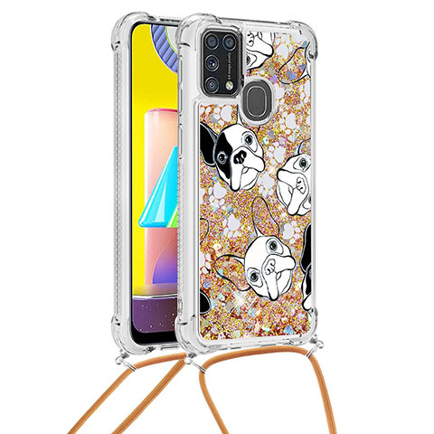 Custodia Silicone Cover Morbida Bling-Bling con Cinghia Cordino Mano S02 per Samsung Galaxy M31 Oro