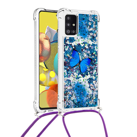 Custodia Silicone Cover Morbida Bling-Bling con Cinghia Cordino Mano S02 per Samsung Galaxy M40S Blu