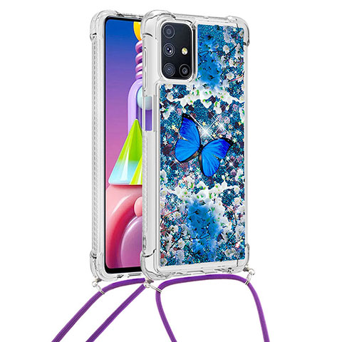 Custodia Silicone Cover Morbida Bling-Bling con Cinghia Cordino Mano S02 per Samsung Galaxy M51 Blu