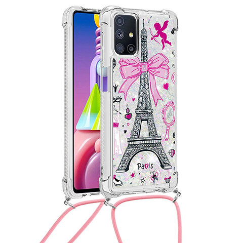 Custodia Silicone Cover Morbida Bling-Bling con Cinghia Cordino Mano S02 per Samsung Galaxy M51 Rosa