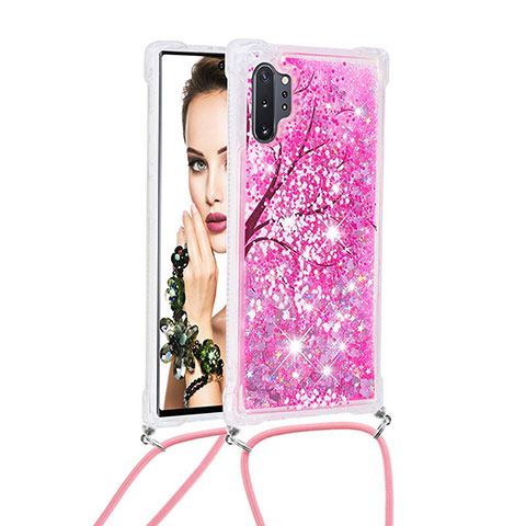 Custodia Silicone Cover Morbida Bling-Bling con Cinghia Cordino Mano S02 per Samsung Galaxy Note 10 Plus 5G Rosa Caldo