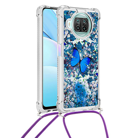 Custodia Silicone Cover Morbida Bling-Bling con Cinghia Cordino Mano S02 per Xiaomi Mi 10i 5G Blu