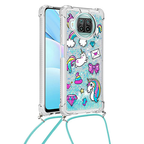 Custodia Silicone Cover Morbida Bling-Bling con Cinghia Cordino Mano S02 per Xiaomi Mi 10T Lite 5G Cielo Blu