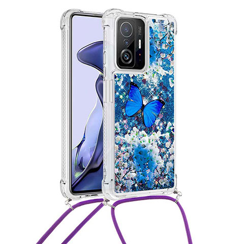 Custodia Silicone Cover Morbida Bling-Bling con Cinghia Cordino Mano S02 per Xiaomi Mi 11T 5G Blu