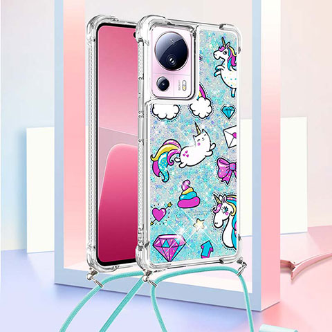 Custodia Silicone Cover Morbida Bling-Bling con Cinghia Cordino Mano S02 per Xiaomi Mi 12 Lite NE 5G Cielo Blu