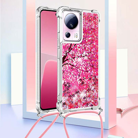 Custodia Silicone Cover Morbida Bling-Bling con Cinghia Cordino Mano S02 per Xiaomi Mi 12 Lite NE 5G Rosa Caldo