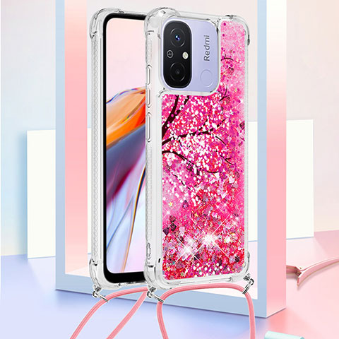 Custodia Silicone Cover Morbida Bling-Bling con Cinghia Cordino Mano S02 per Xiaomi Poco C55 Rosa Caldo