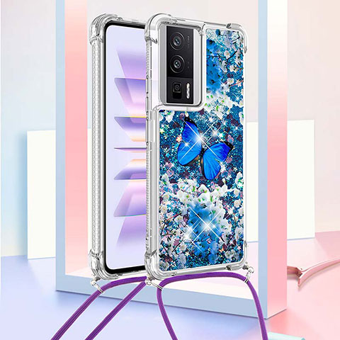 Custodia Silicone Cover Morbida Bling-Bling con Cinghia Cordino Mano S02 per Xiaomi Poco F5 Pro 5G Blu