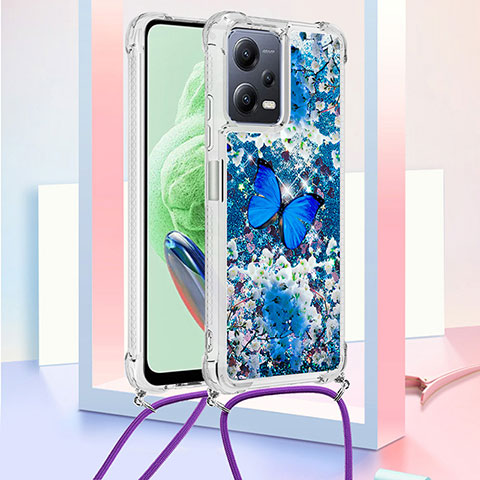 Custodia Silicone Cover Morbida Bling-Bling con Cinghia Cordino Mano S02 per Xiaomi Poco X5 5G Blu
