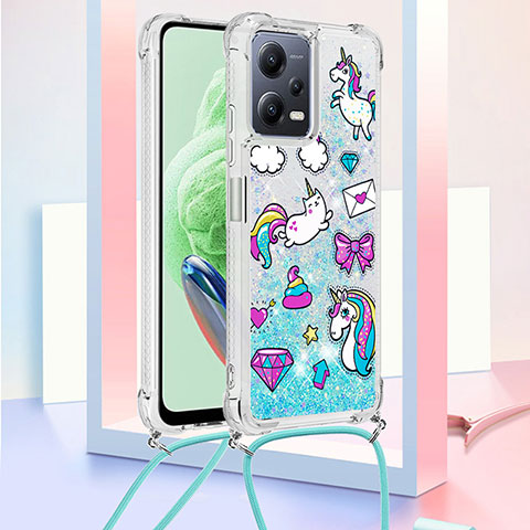 Custodia Silicone Cover Morbida Bling-Bling con Cinghia Cordino Mano S02 per Xiaomi Poco X5 5G Cielo Blu
