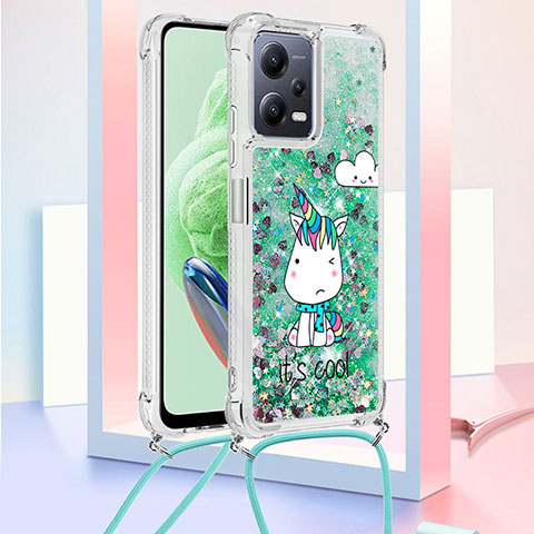 Custodia Silicone Cover Morbida Bling-Bling con Cinghia Cordino Mano S02 per Xiaomi Poco X5 5G Verde