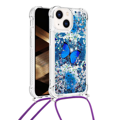 Custodia Silicone Cover Morbida Bling-Bling con Cinghia Cordino Mano S03 per Apple iPhone 13 Blu