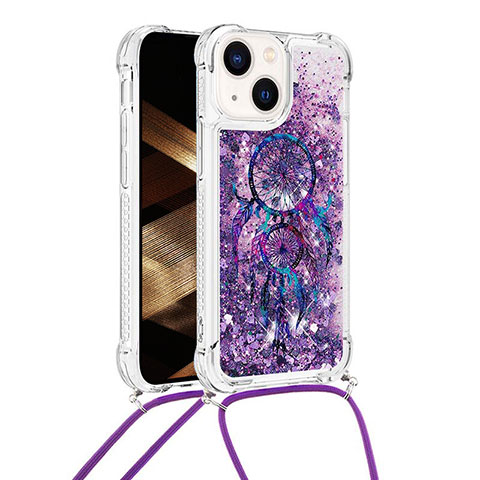 Custodia Silicone Cover Morbida Bling-Bling con Cinghia Cordino Mano S03 per Apple iPhone 14 Plus Viola