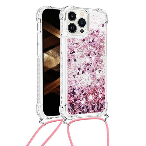 Custodia Silicone Cover Morbida Bling-Bling con Cinghia Cordino Mano S03 per Apple iPhone 14 Pro Lavanda