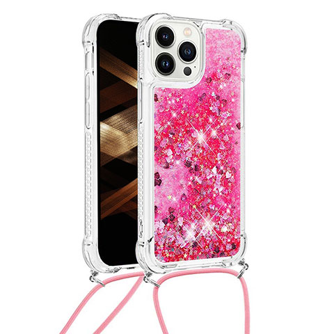 Custodia Silicone Cover Morbida Bling-Bling con Cinghia Cordino Mano S03 per Apple iPhone 15 Pro Max Rosso