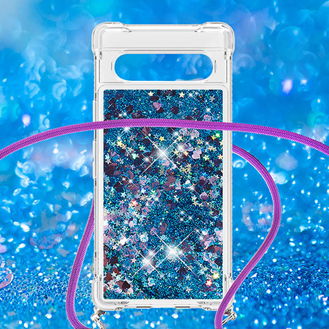 Custodia Silicone Cover Morbida Bling-Bling con Cinghia Cordino Mano S03 per Google Pixel 7a 5G Blu